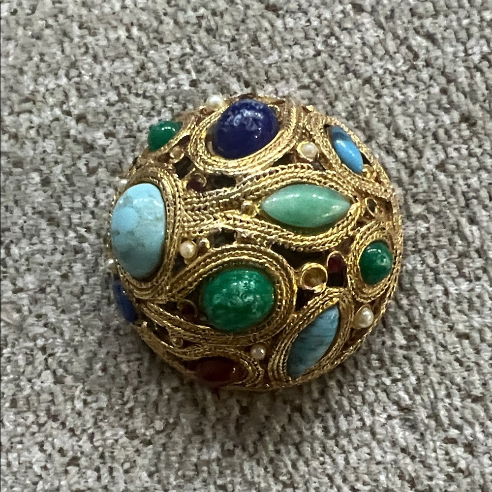 Vintage La Roca Style Multicolor Bejeweled Gemstone Gold-tone Dome Brooch Rare